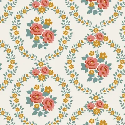 Papel de parede com padrão floral em bege, rosa, amarelo e verde.