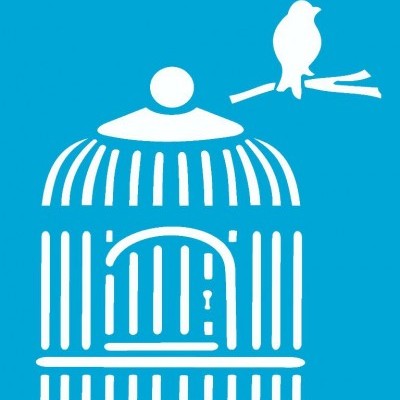 Ilustração branca de gaiola com pássaro num fundo azul