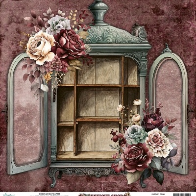 Peça decorativa móvel antigo com flores e fundo vinho