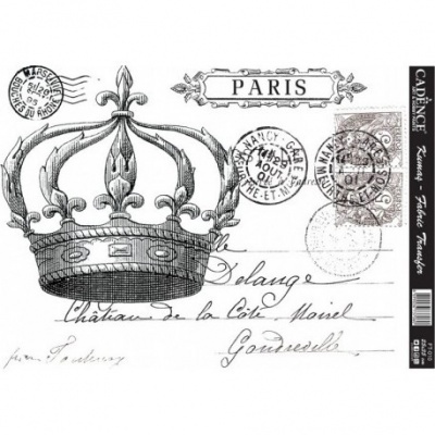 Desenho vintage em preto e branco de uma coroa com carimbos e texto manuscrito francês