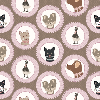 Padrão com desenhos de animais em círculos cor-de-rosa claros sobre fundo castanho.