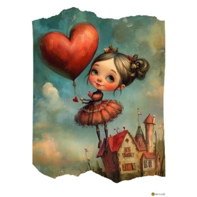 Ilustração de menina com balão em forma de coração sobre casa com telhado vermelho