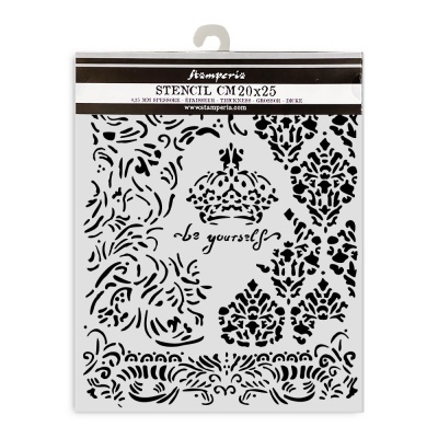 Stencil Stamperia 20x25 cm com padrões ornamentais e texto 'be yourself' em branco e preto