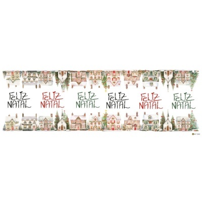 Papel de embrulho natalício com casas e texto Feliz Natal