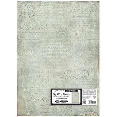 Papel decorativo vintage com texto manuscrito e estampas clássicas em tons cinzentos e beige.