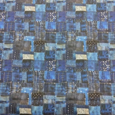 Tecido padrão de quadrados azuis e pretos com texturas variadas