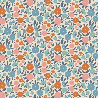Papel de parede floral com flores azuis, laranja e rosa sobre fundo bege