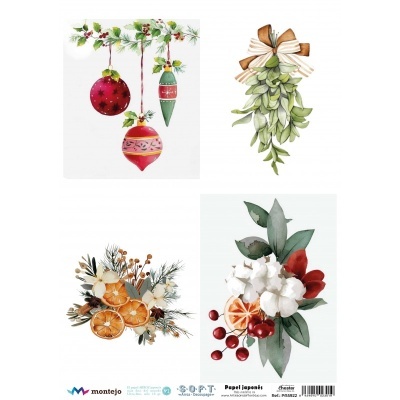 Ilustrações de decoração natalícia com bolas, folhas, frutas e flores.