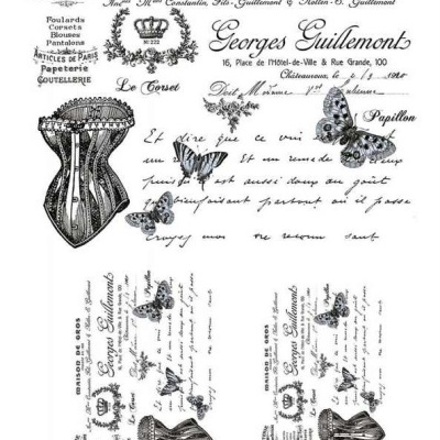 Design vintage com espartilhos, borboletas e texto em francês, incluindo nomes e endereços antigos.