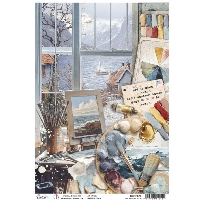 Estúdio de pintura com pincéis, paleta de tintas, pintura de paisagem marítima e nota escrita, vista para lago com montanhas e casas