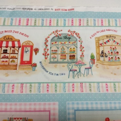 Padrão de tecido com ilustrações de lojas de bolos, chá e pastelaria coloridas.