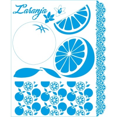 Ilustrações azuis de uma laranja e folhas com texto Laranja e borda decorativa