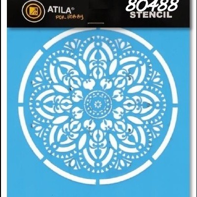Stencil redondo azul com padrão floral e geométrico na embalagem preta da marca ATILA FOR HOBBY