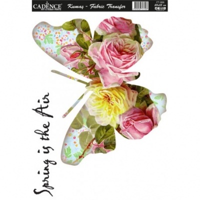 Transferência para tecido padrão borboleta com flores e texto 'Spring is the Air'