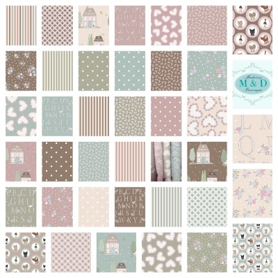 Amostras de tecidos com vários padrões e cores pastéis organizadas em grelha