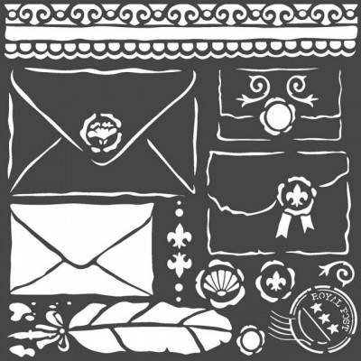 Desenho monocromático de sobres com selos e penas decorativas