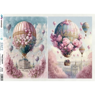 Folha decorativa com ilustrações de balões de ar quente em tons pastel e elementos florais