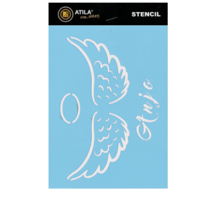 Stencil azul claro com asas, círculo e palavra 'Anjo', embalado com rótulo preto