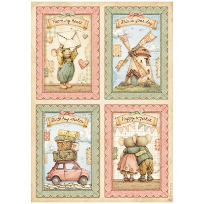 Quatro ilustrações de ratinhos e um moinho com textos em inglês e molduras decorativas