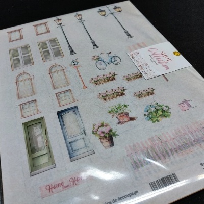 Folha de decalques decorativos com portas, janelas, postes, bicicleta e vasos de flores