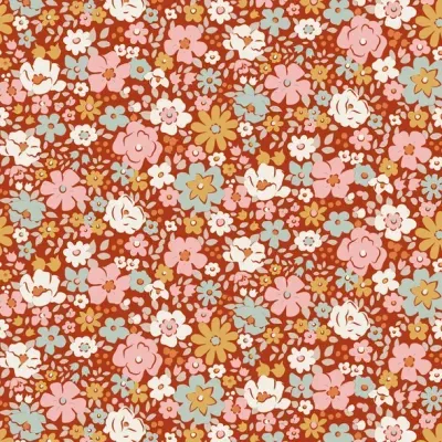 Padrão floral multicolorido em fundo castanho-avermelhado
