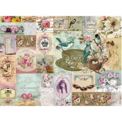 Colagem vintage com flores, pássaros, xícara, moldura e textos em tons pastel