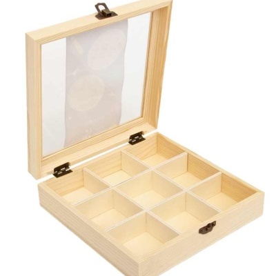 Caixa organizadora de madeira com tampa de vidro e nove compartimentos internos