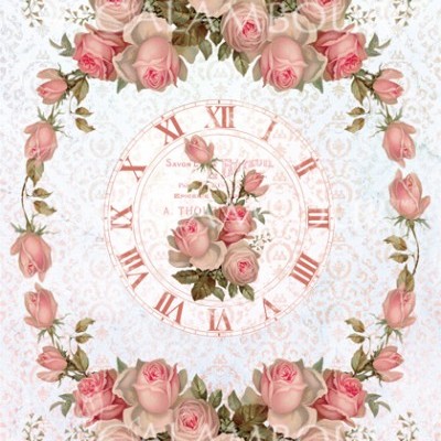 Relógio decorativo com moldura de rosas cor de rosa e números romanos vermelhos