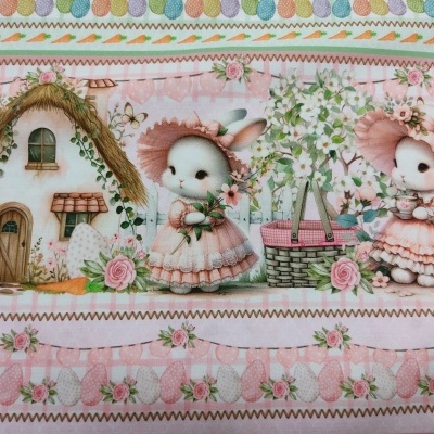 Padrão têxtil com coelhas em vestidos rosa, casa pequena branca, flores e padrões florais