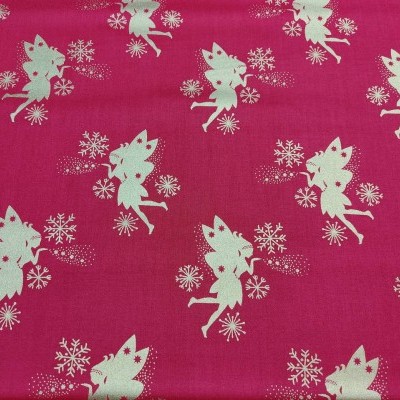 Tecido vermelho com padrão de fadas e flocos de neve