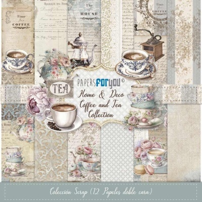 Padrão decorativo com xícaras de chá e café, bule, moedor e flores em tons pastel