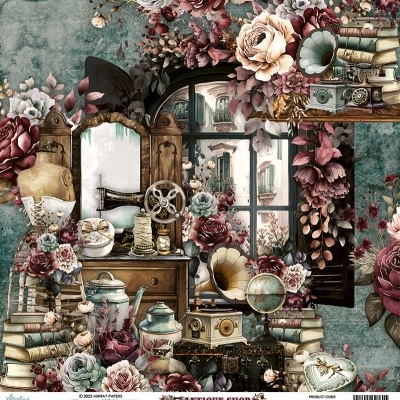 imagem decorativa de objetos antigos e flores grandes coloridas