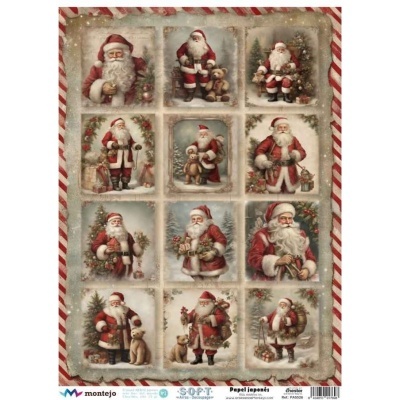 Papel japonês decorativo com imagens de Pai Natal e borda vermelha e branca