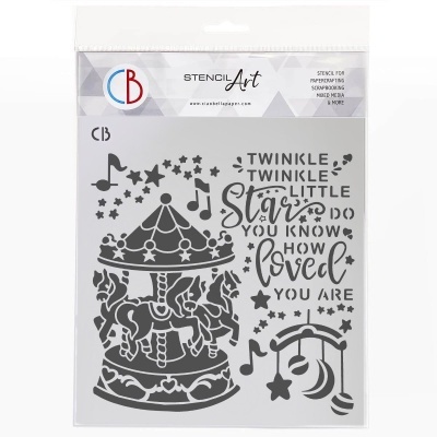 Stencil plástico cinza com desenho de carrossel de cavalos e texto em inglês embalado em plástico transparente