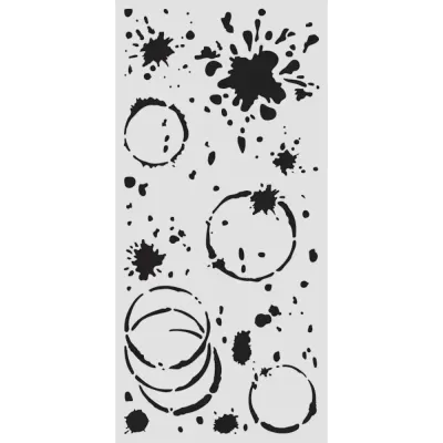 Stencil retangular com padrões de manchas de tinta e círculos em preto sobre fundo cinza