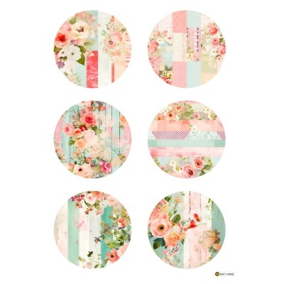 Seis círculos com padrões florais em tons pastel e texturas variadas.