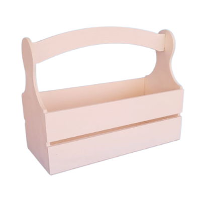 Cesto organizador de madeira rosa claro com alça curva e duas divisórias