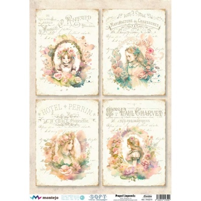 Quatro papéis japoneses com ilustrações vintage de raparigas e flores, e textos em francês antigo.