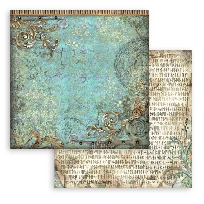 Papel decorativo com padrão vintage azul e bege com caracteres rúnicos.