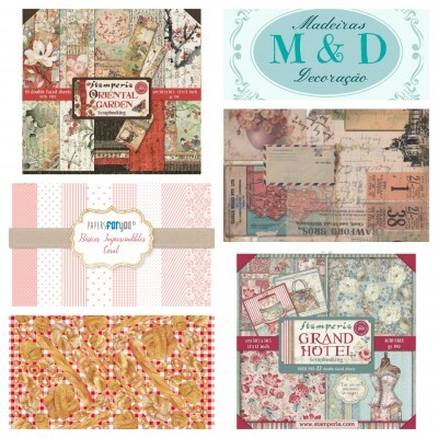 Conjunto de papéis decorativos com desenhos e textos vintage em várias cores e padrões