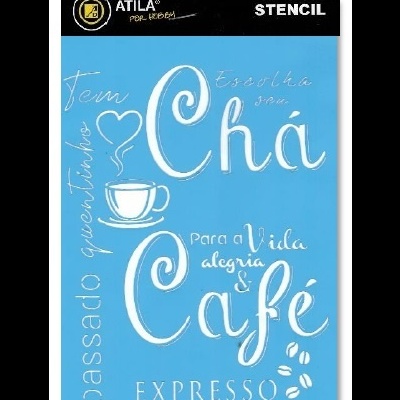 Stencil azul com texto branco e desenhos relacionados a chá e café