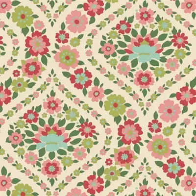 Padrão floral colorido em fundo creme com flores e folhas