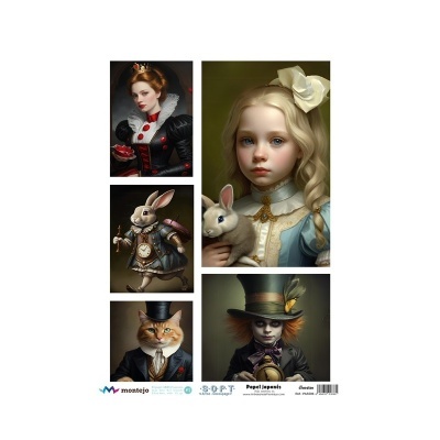 Impressão artística com vários personagens de fantasia, incluindo rainha, menina, coelho, gato e homem com chapéu