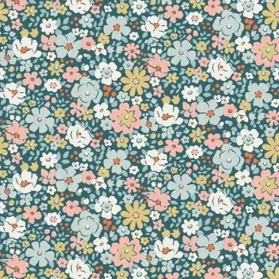 Padrão floral com diversas flores coloridas sobre fundo azul escuro