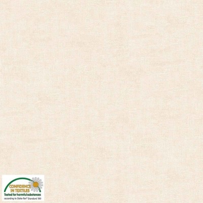 Tecido bege claro com textura sutil e selo de certificação Oeko-Tex