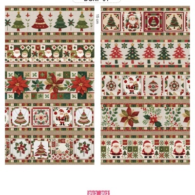 tecidos natalícios com árvores de Natal, Papai Noel e flores de natal em vermelho, verde e dourado