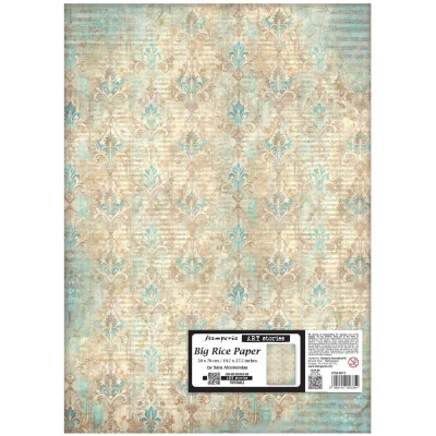 Folha decorativa de papel de arroz com padrão floral azul e bege