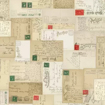 Montagem de postais vintage com selos coloridos e texto manuscrito