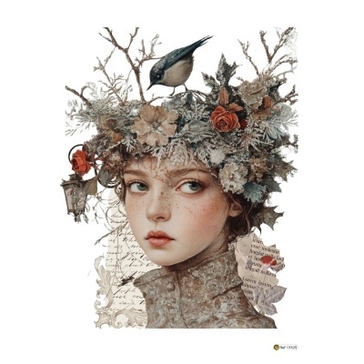 Retrato artístico de mulher com chapéu de flores secas, lanterna e pássaro azul