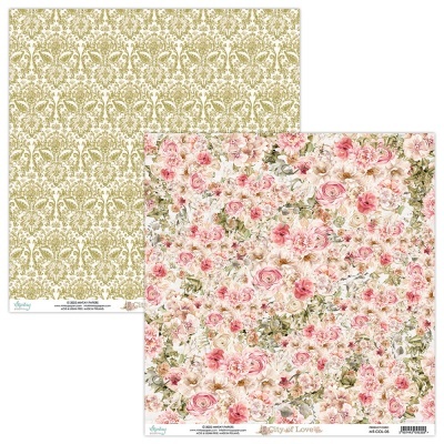 Folha dupla face para scrapbook com padrão floral verde e bege de um lado e flores rosas do outro